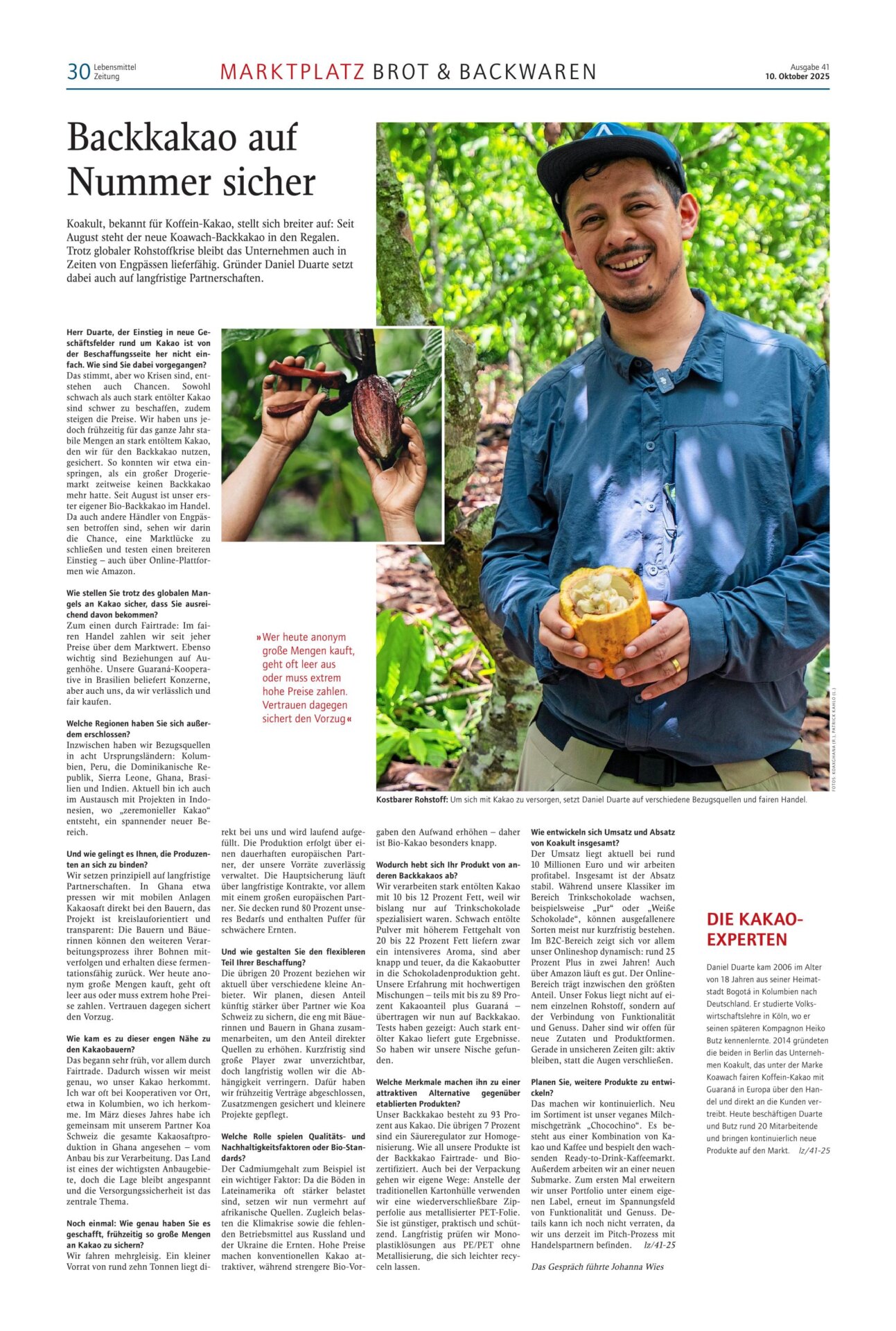 Journalistin Johanna Wies: Interview mit Daniel Duarte von Koawach - "Backkakao auf Nummer sicher", in der Lebensmittel Zeitung, Ausgabe 41, 2025
