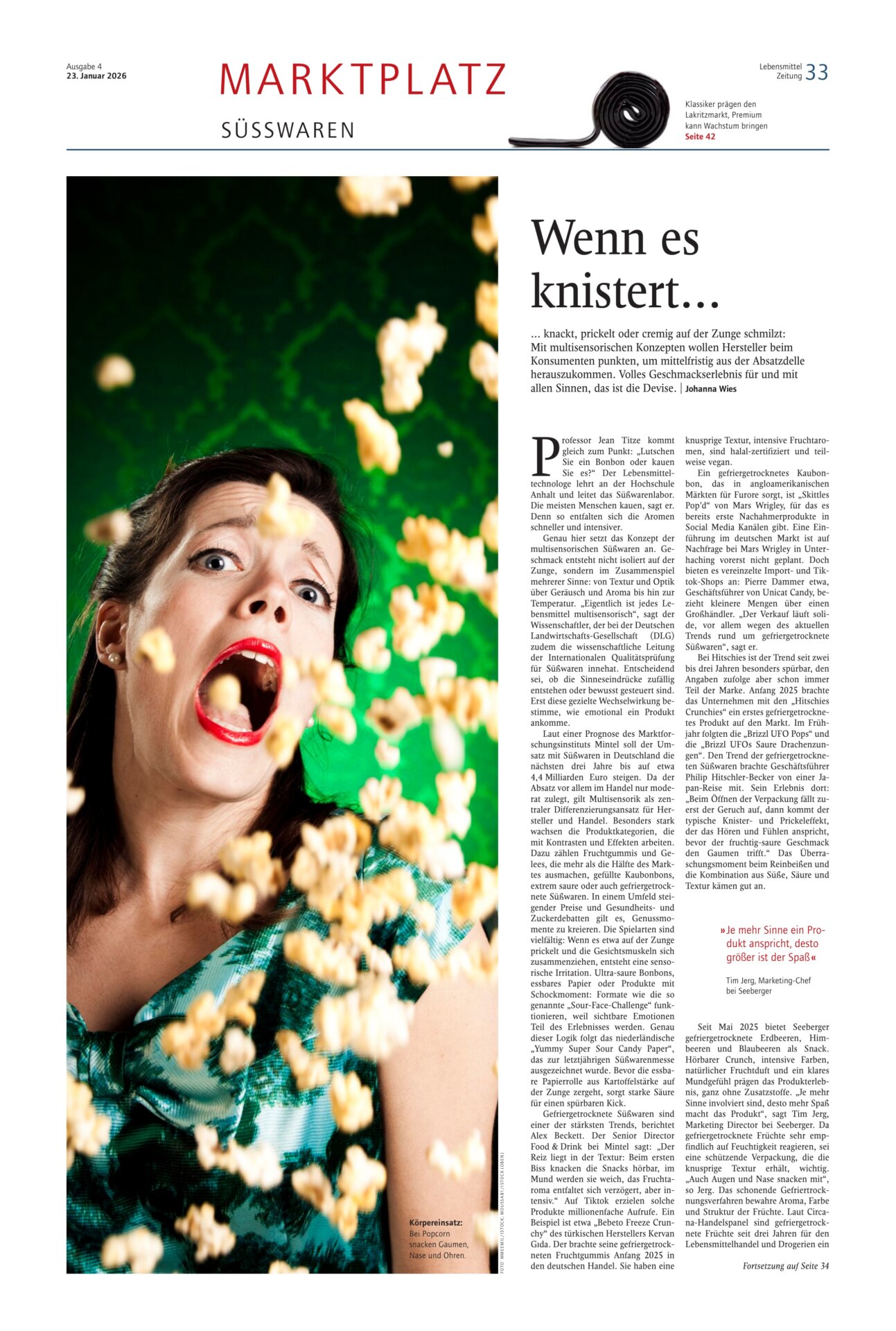 Journalistin Johanna Wies: Fachbeitrag über multisensorische Süßwaren - "Wenn es knistert", in der Lebensmittel Zeitung, Ausgabe 4, 2026
