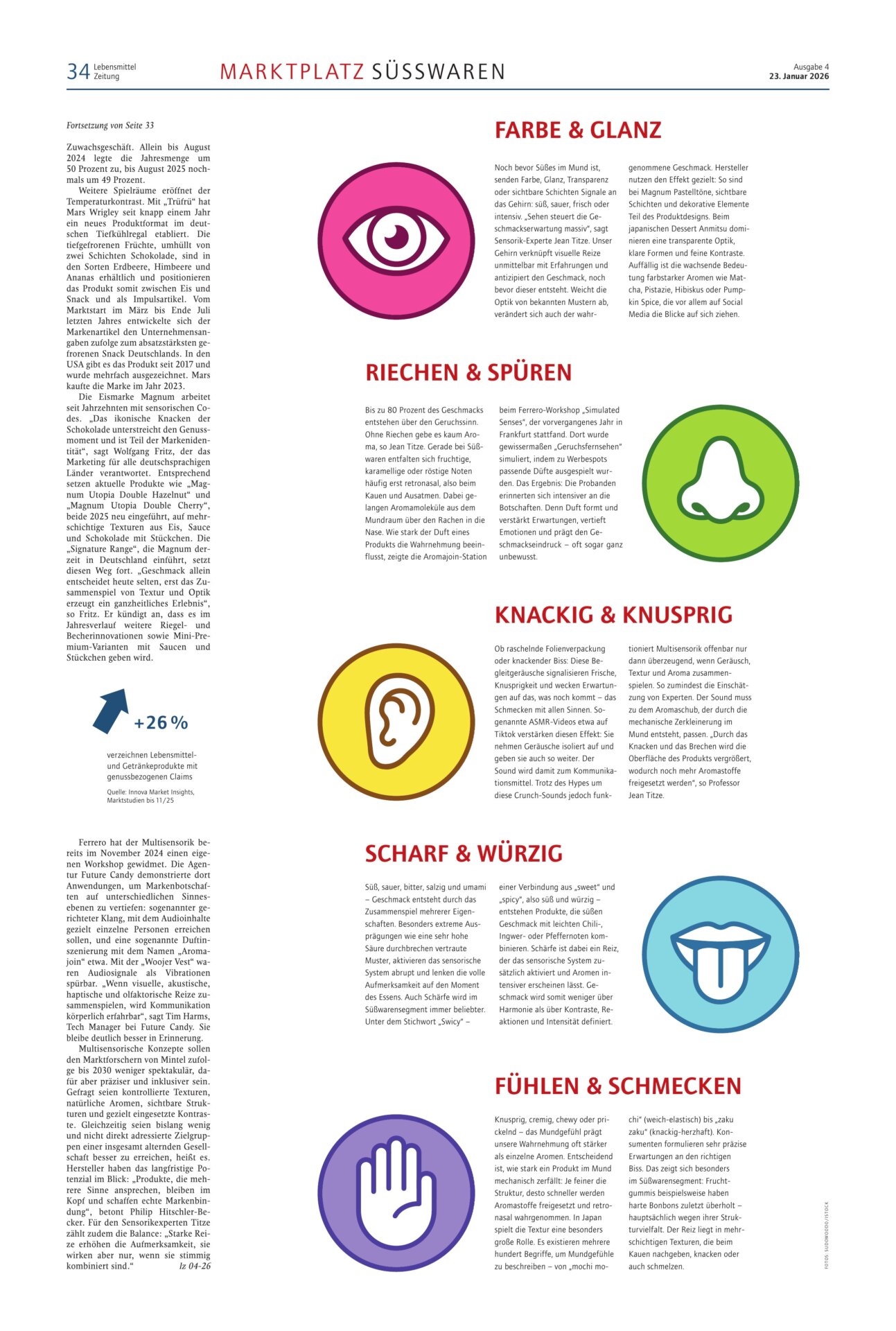 Journalistin Johanna Wies: Fachbeitrag über multisensorische Süßwaren - "Wenn es knistert", in der Lebensmittel Zeitung, Ausgabe 4, 2026