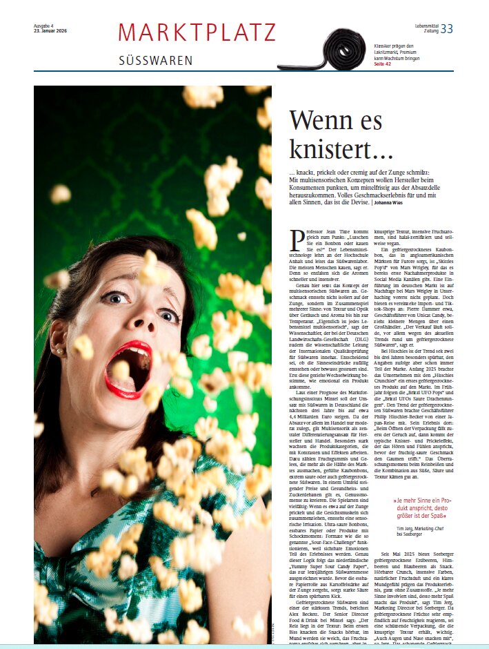 Journalistin Johanna Wies: Fachbeitrag über multisensorische Süßwaren - "Wenn es knistert", in der Lebensmittel Zeitung, Ausgabe 4, 2026