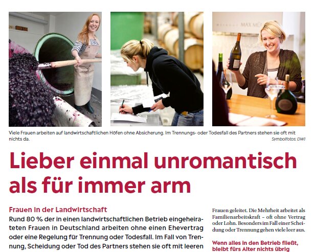 Das Deutsche Weinmagazin: „Lieber einmal unromantisch als für immer arm“ – ein Fachbeitrag von Johanna Wies über die strukturellen Risiken für Frauen in der Landwirtschaft. Ausgabe 13 2025, Seite 30 - Vorschau.