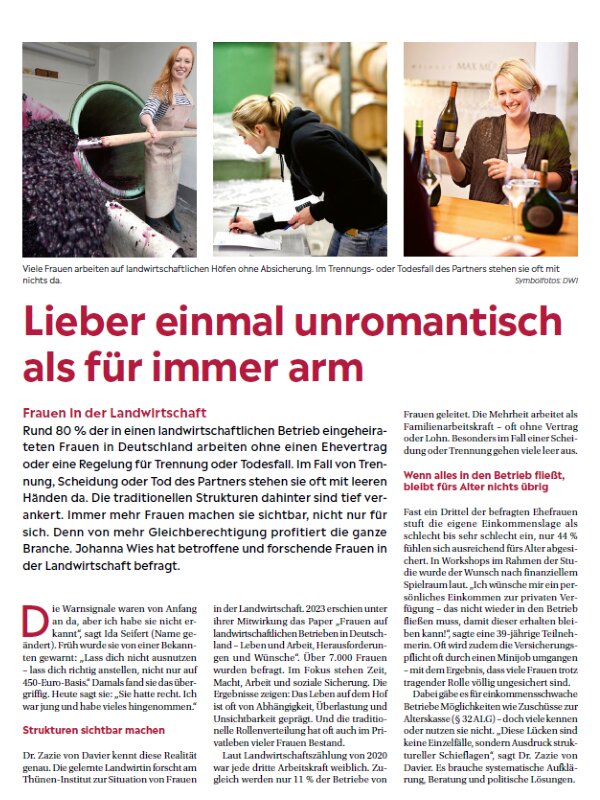 Das Deutsche Weinmagazin: „Lieber einmal unromantisch als für immer arm“ – ein Fachbeitrag von Johanna Wies über die strukturellen Risiken für Frauen in der Landwirtschaft. Ausgabe 13 2025, Seite 30 - Vorschau.