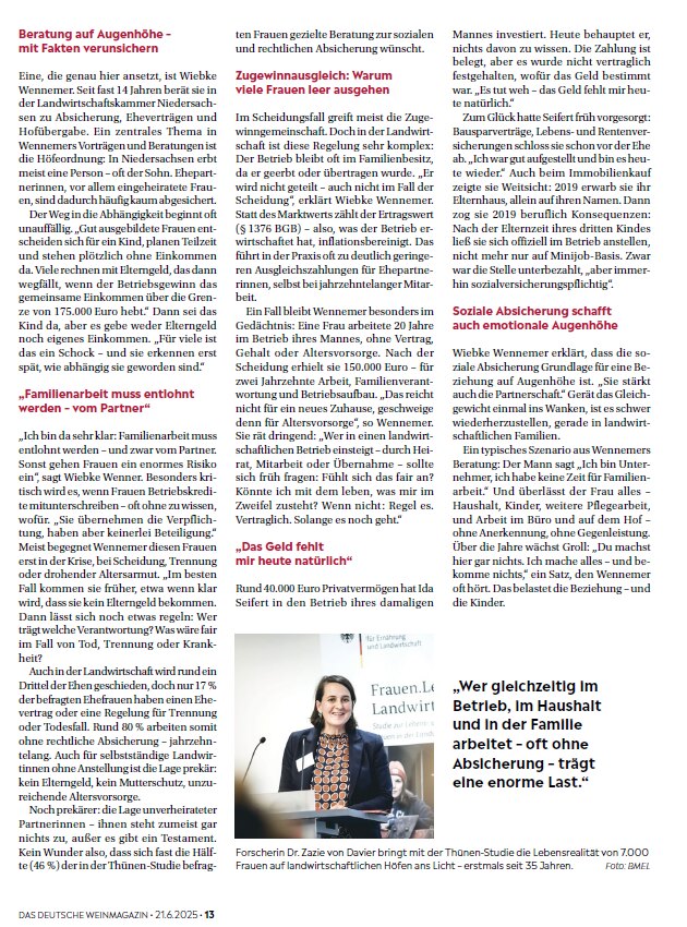 Das Deutsche Weinmagazin: „Lieber einmal unromantisch als für immer arm“ – ein Fachbeitrag von Johanna Wies über die strukturellen Risiken für Frauen in der Landwirtschaft. Ausgabe 13 2025, Seite 31.