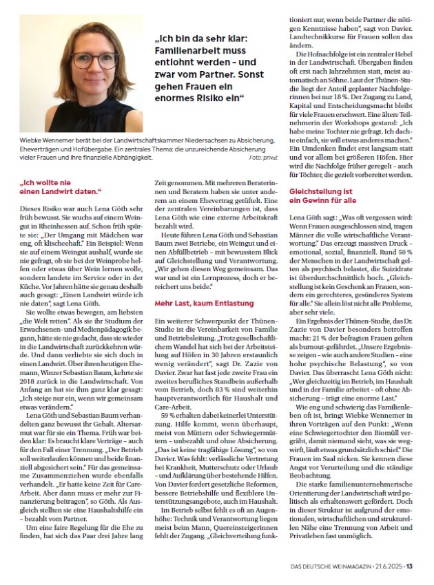 Das Deutsche Weinmagazin: „Lieber einmal unromantisch als für immer arm“ – ein Fachbeitrag von Johanna Wies über die strukturellen Risiken für Frauen in der Landwirtschaft. Ausgabe 13 2025, Seite 32.
