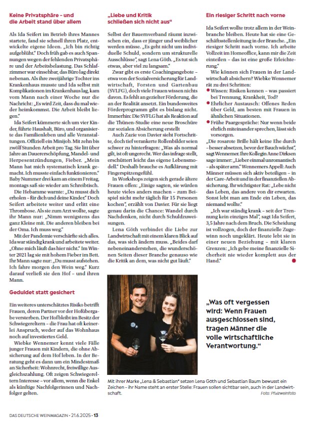 Das Deutsche Weinmagazin: „Lieber einmal unromantisch als für immer arm“ – ein Fachbeitrag von Johanna Wies über die strukturellen Risiken für Frauen in der Landwirtschaft. Ausgabe 13 2025, Seite 33.
