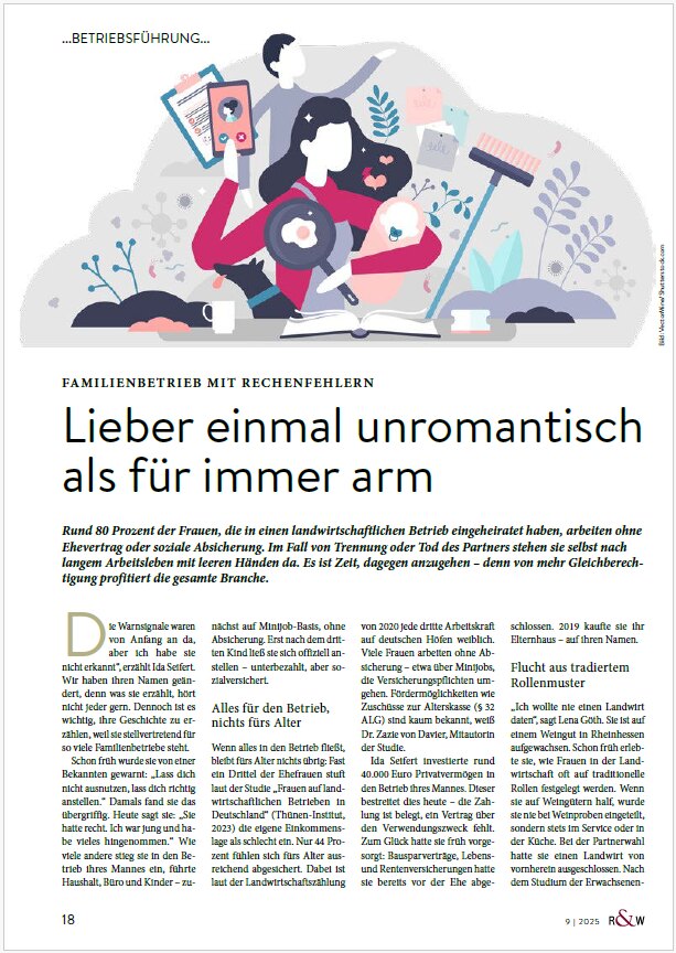 Rebe & Wein: „Lieber einmal unromantisch als für immer arm“ – ein Fachbeitrag von Johanna Wies über die strukturellen Risiken für Frauen in der Landwirtschaft. Ausgabe 9 2025 – Seite 18.