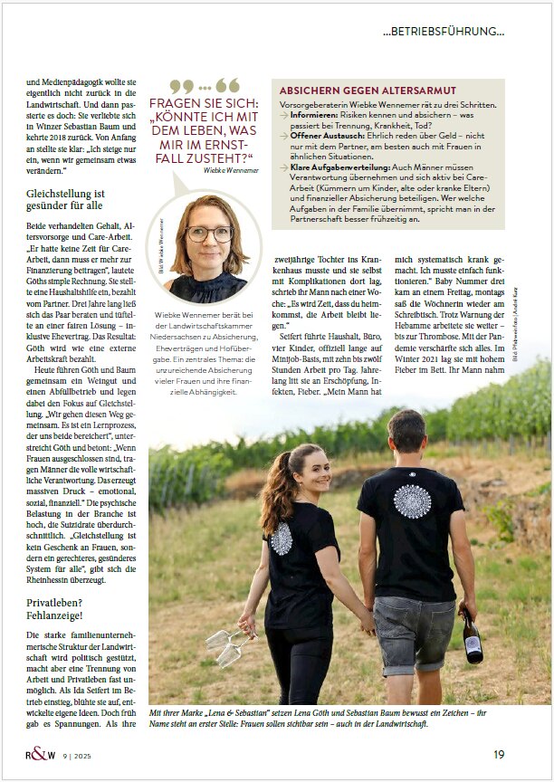 Rebe & Wein: „Lieber einmal unromantisch als für immer arm“ – ein Fachbeitrag von Johanna Wies über die strukturellen Risiken für Frauen in der Landwirtschaft. Ausgabe 9 2025 – Seite 19.