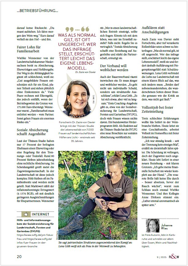 Rebe & Wein: „Lieber einmal unromantisch als für immer arm“ – ein Fachbeitrag von Johanna Wies über die strukturellen Risiken für Frauen in der Landwirtschaft. Ausgabe 9 2025 – Seite 20.